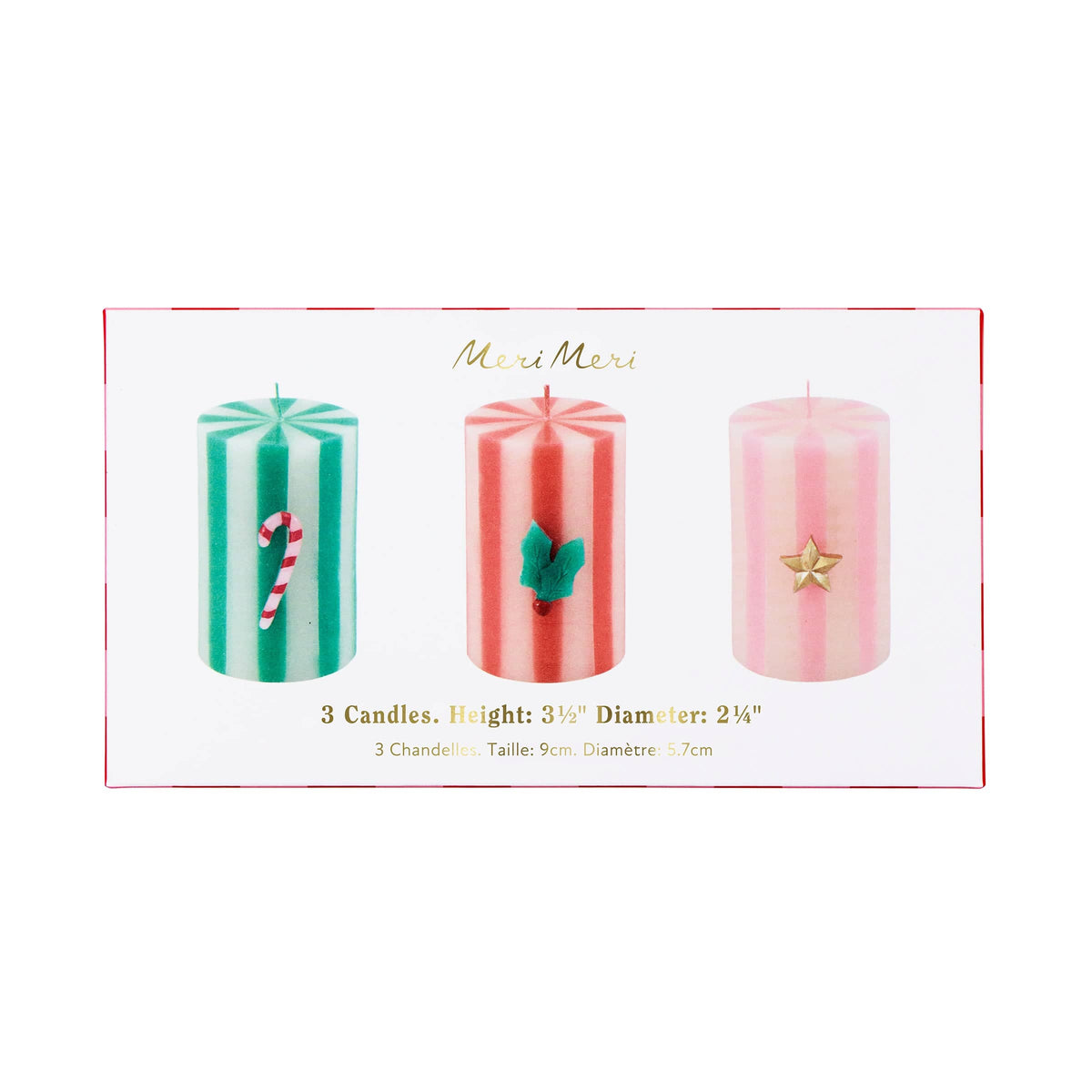 Festive Striped Christmas Pillar Candles x 3 | Meri Meri Christmas Candles Candle Festive Striped Christmas Pillar Candles x 3