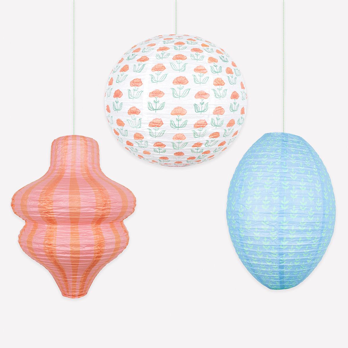 Flora Orange & Blue Party Lanterns x 3 | Meri Meri | Little Big Party Party Decorations Flora Orange & Blue Party Lanterns x 3