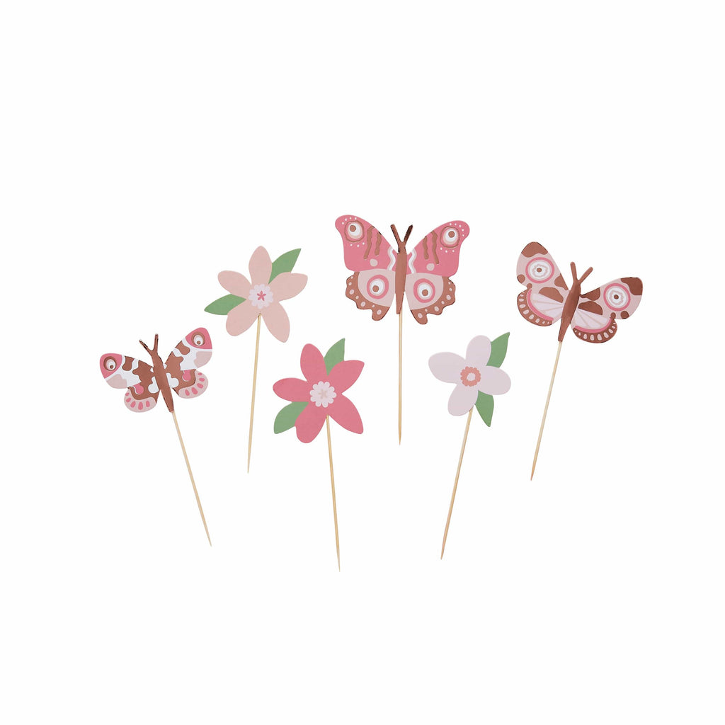 Flower & Butterfly Cake Toppers x 12 - Butterfly Party Supplies Cake Topper Flower & Butterfly Cake Toppers x 12