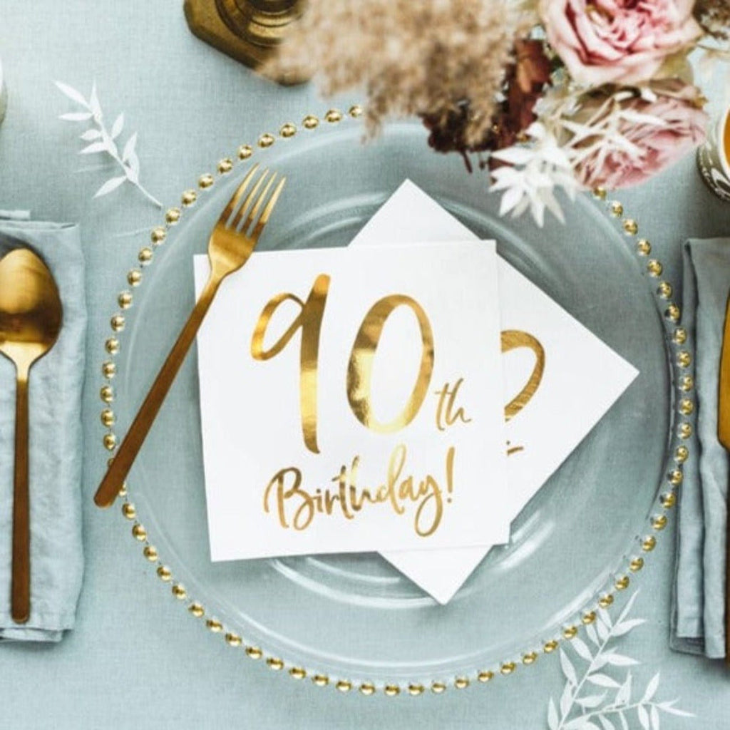 Gold 90th Birthday Party Napkins x 20 - Party Deco Party Supplies White and Gold 90th Birthday Party Napkins x 20