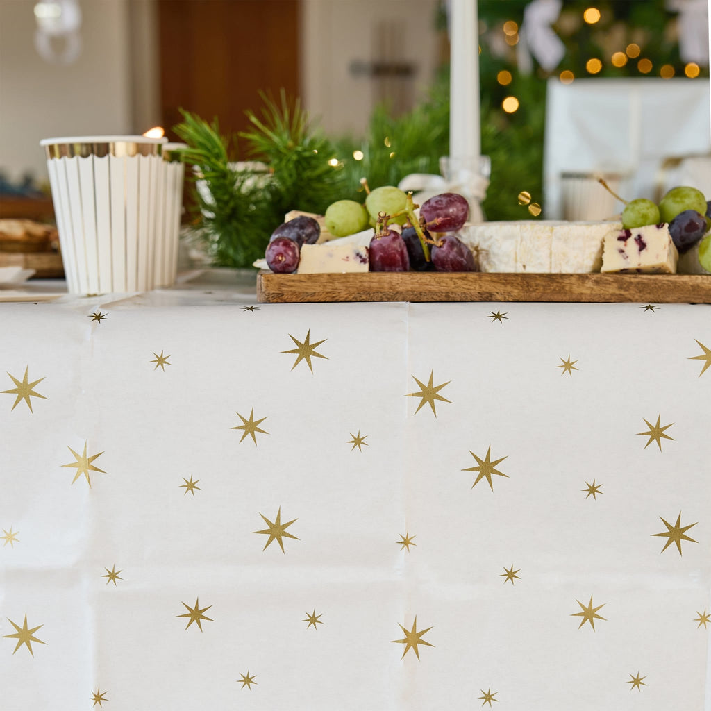 Gold Star Paper Tablecloth | Hootyballoo White & Gold Christmas Tableware Tablecloths Gold Star Paper Tablecloth