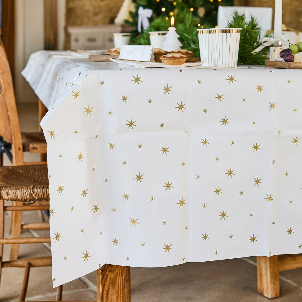 Gold Star Paper Tablecloth | Hootyballoo White & Gold Christmas Tableware Tablecloths Gold Star Paper Tablecloth