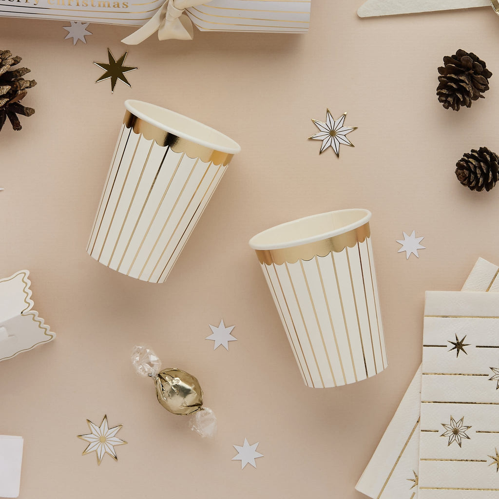 Gold & White Striped Paper Party Cups x 8 | Hootyballoo Christmas Disposable Cups Gold & White Striped Paper Party Cups x 8
