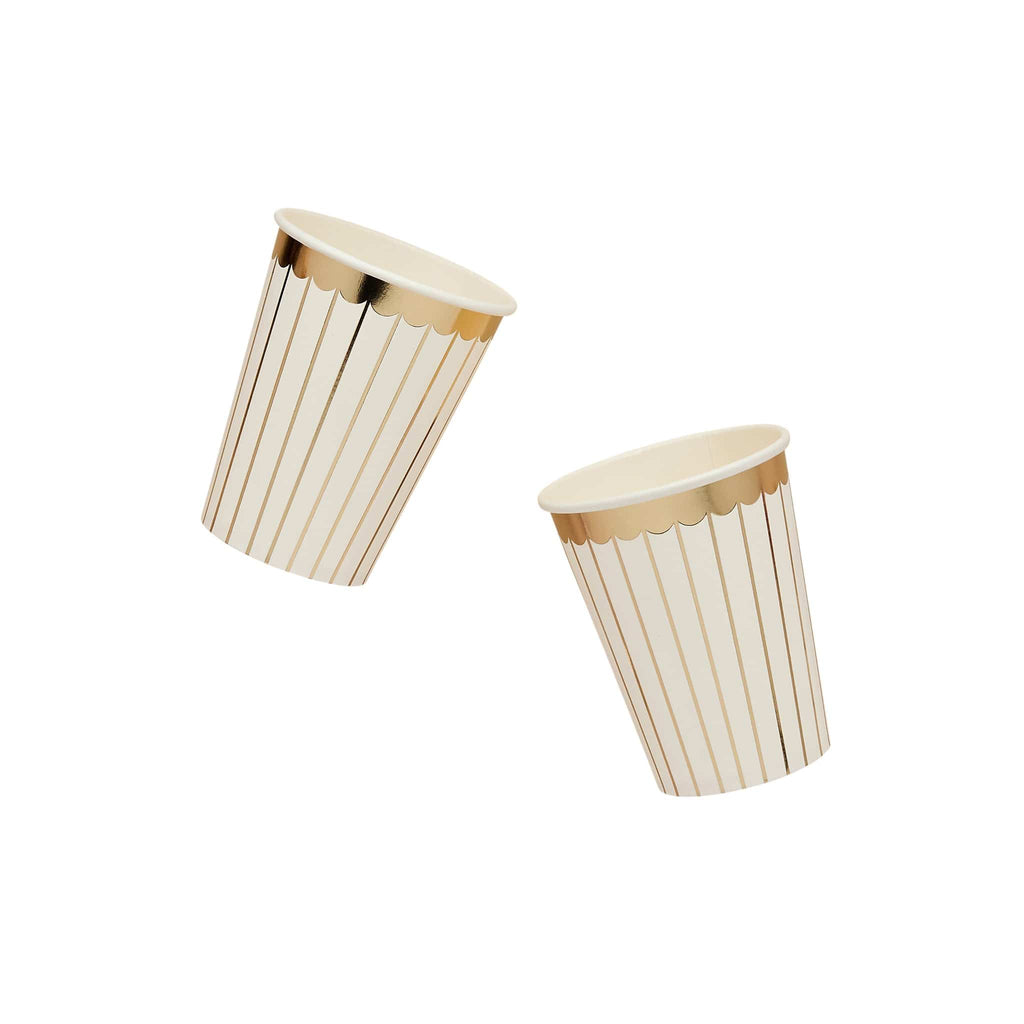 Gold & White Striped Paper Party Cups x 8 | Hootyballoo Christmas Disposable Cups Gold & White Striped Paper Party Cups x 8