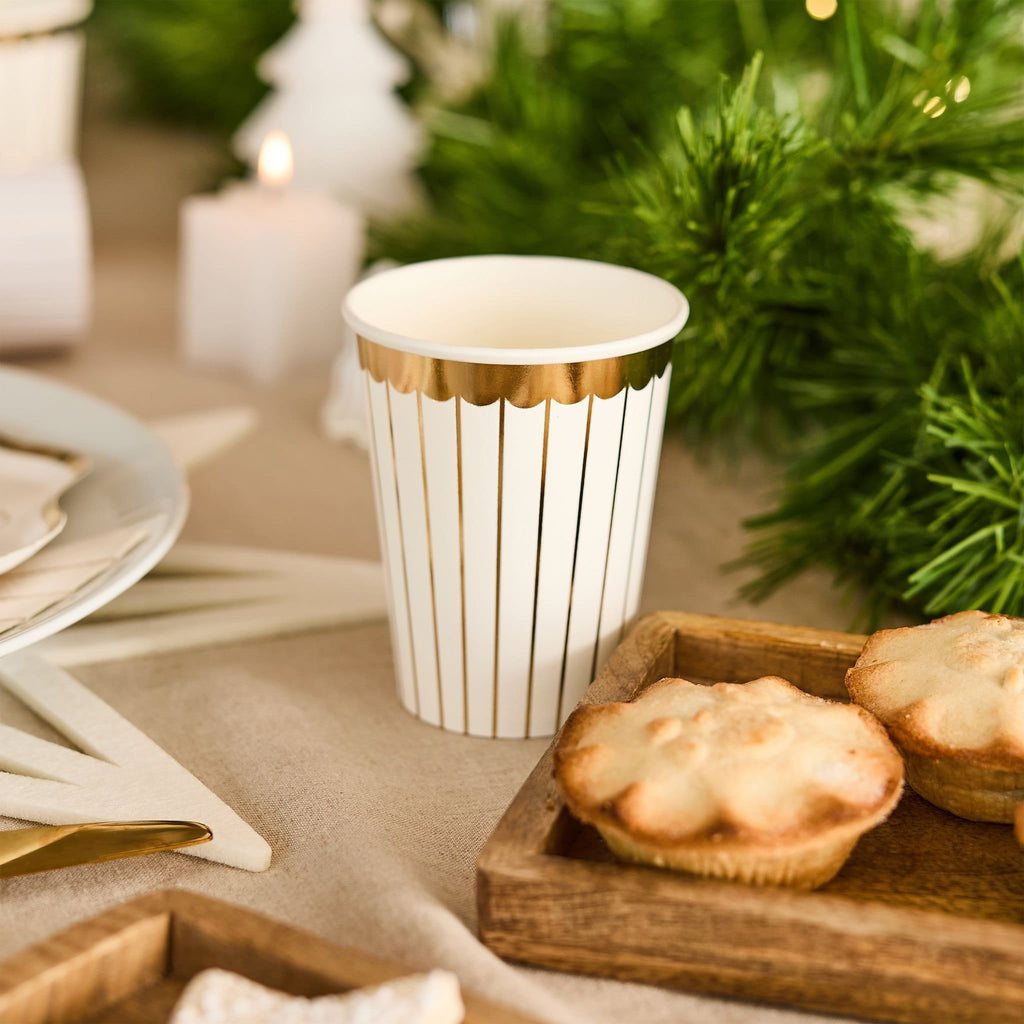 Gold & White Striped Paper Party Cups x 8 | Hootyballoo Christmas Disposable Cups Gold & White Striped Paper Party Cups x 8