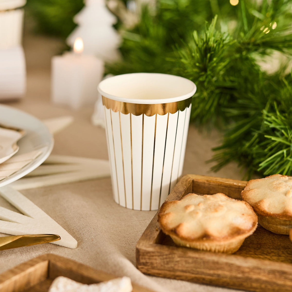 Gold & White Striped Paper Party Cups x 8 | Hootyballoo Christmas Disposable Cups Gold & White Striped Paper Party Cups x 8