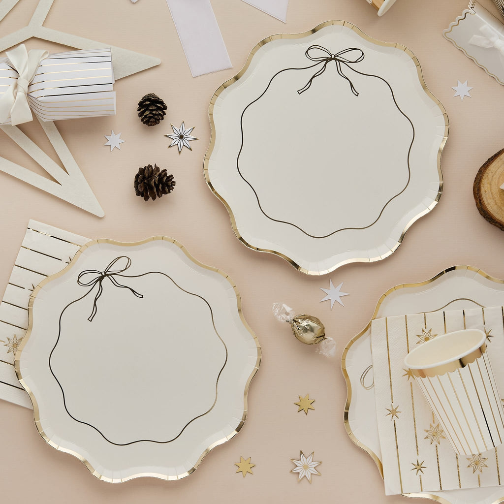 Gold & White Wavy Edge Bow Paper Party Plates x 8 | Hootyballoo Disposable Plates Gold & White Wavy Edge Bow Paper Party Plates x 8