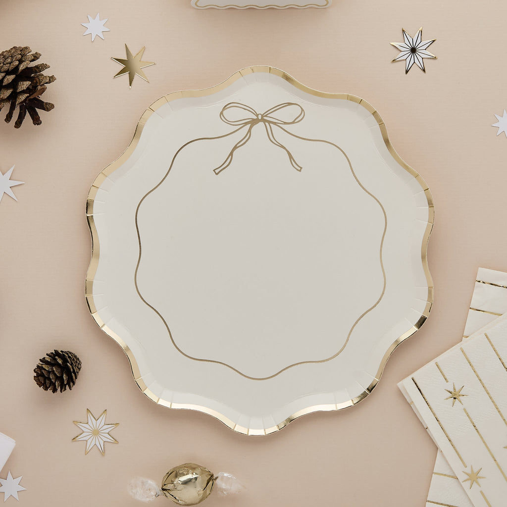 Gold & White Wavy Edge Bow Paper Party Plates x 8 | Hootyballoo Disposable Plates Gold & White Wavy Edge Bow Paper Party Plates x 8