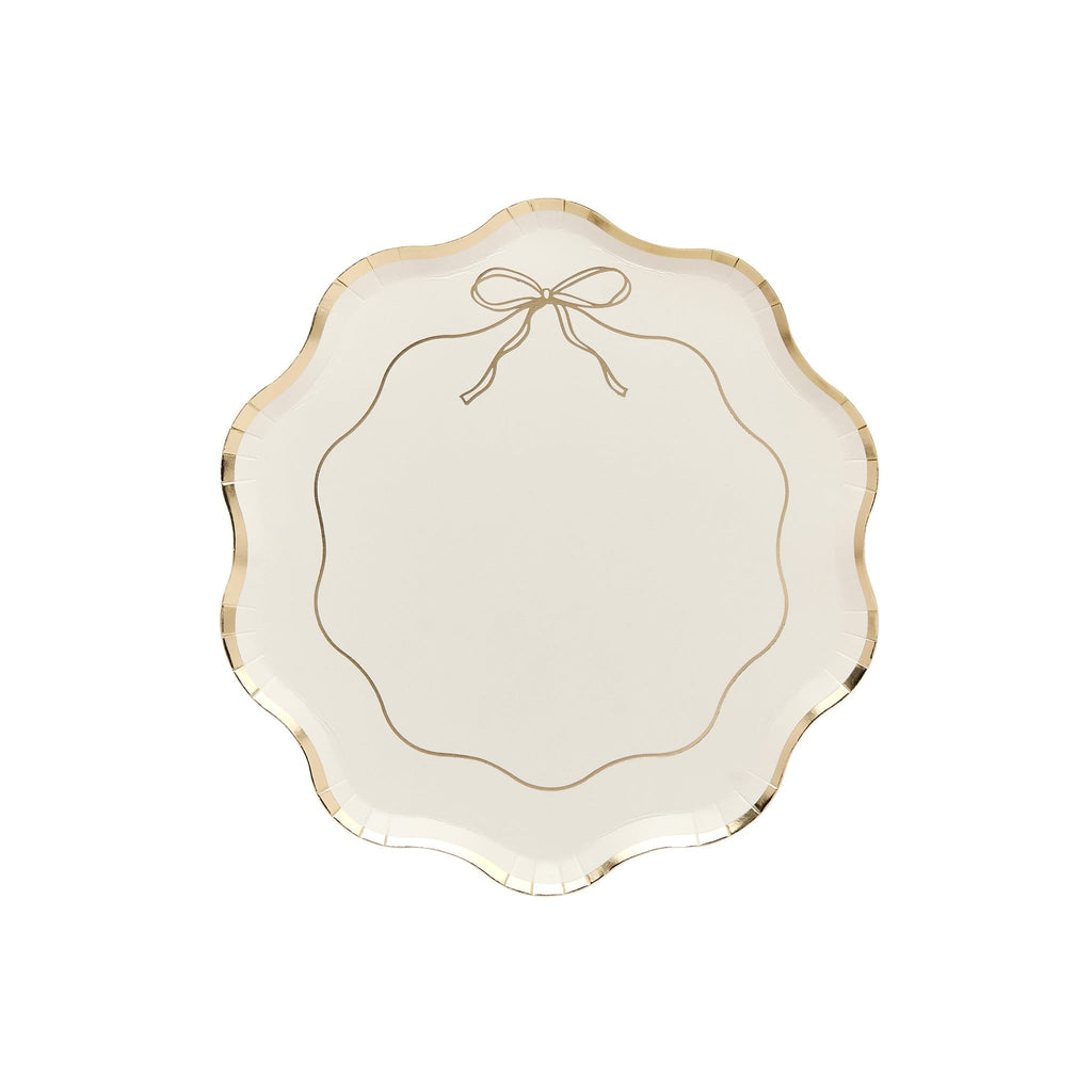 Gold & White Wavy Edge Bow Paper Party Plates x 8 | Hootyballoo Disposable Plates Gold & White Wavy Edge Bow Paper Party Plates x 8