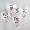 Happy 80th Rose Gold Confetti Balloons x 5 - 80th Party Decor Balloons Happy 80th Rose Gold Confetti Balloons x 5