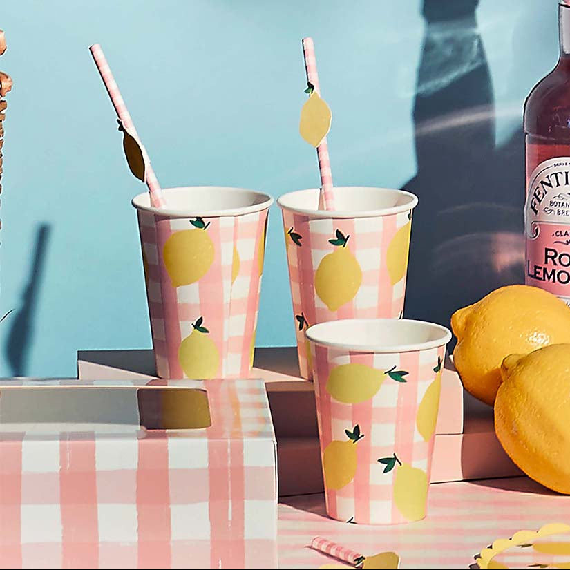 Hootyballoo Party Supplies - Lemon & Gingham Picnic Party Cups x 8 party cups Lemon & Gingham Picnic Party Cups - 8 Pack