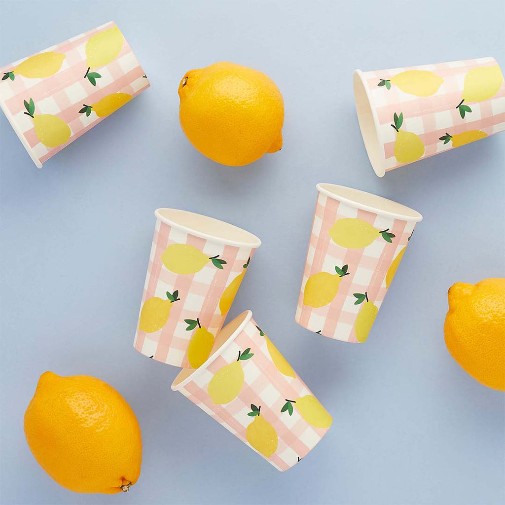 Hootyballoo Party Supplies - Lemon & Gingham Picnic Party Cups x 8 party cups Lemon & Gingham Picnic Party Cups - 8 Pack
