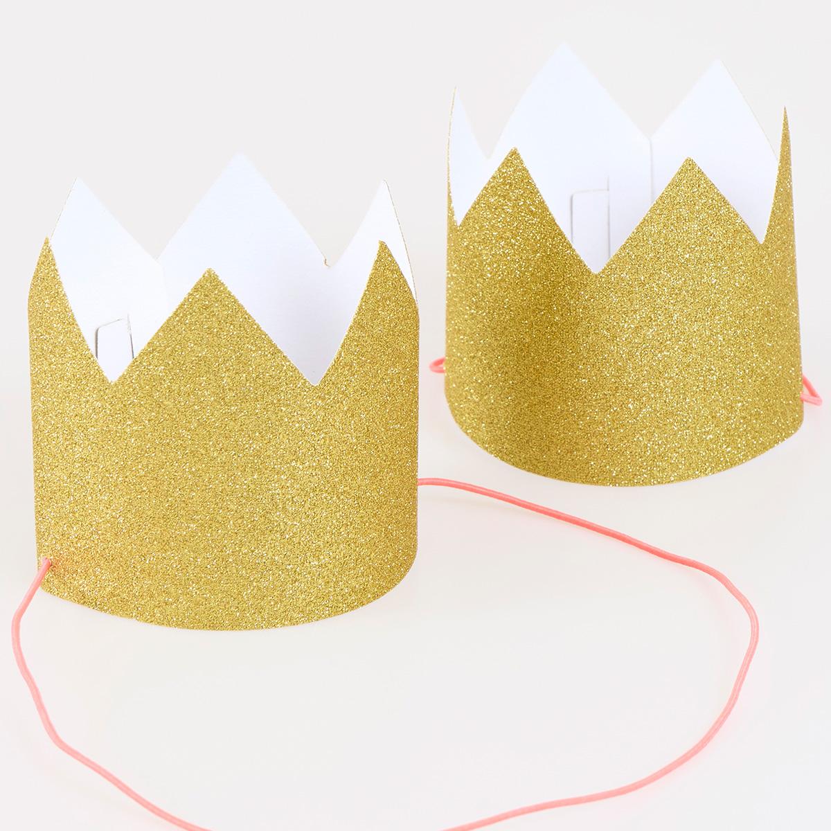 Mini Gold Glitter Party Crowns x 8 | Meri Meri Party Hats Mini Gold Glitter Party Crowns x 8