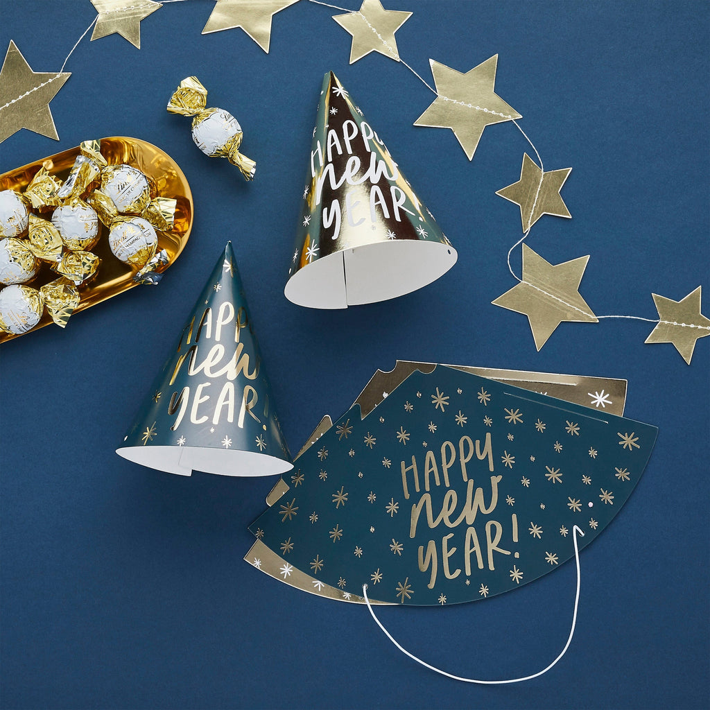 Navy & Gold Happy New Year Party Hats x 10 Party Hats Navy & Gold Happy New Year Party Hats x 10