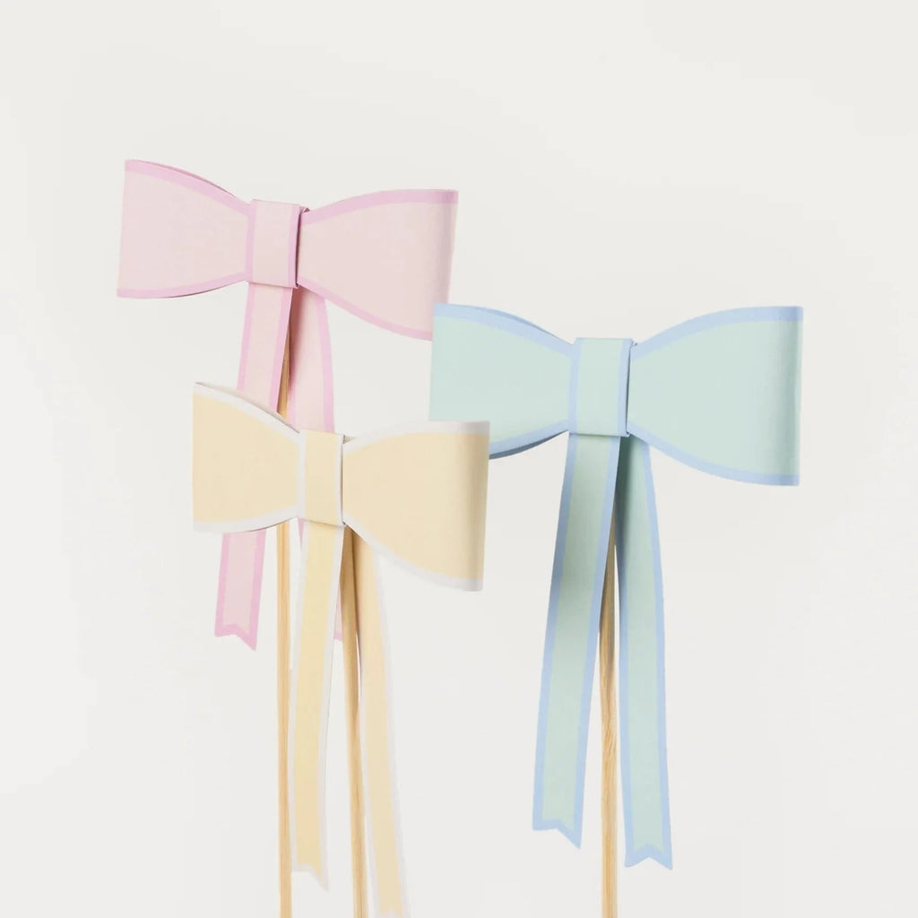 Pastel Bow Cake Toppers x 3 - Pastel Bow Themed Party Decor Cake Topper Pastel Bow Cake Toppers x 3