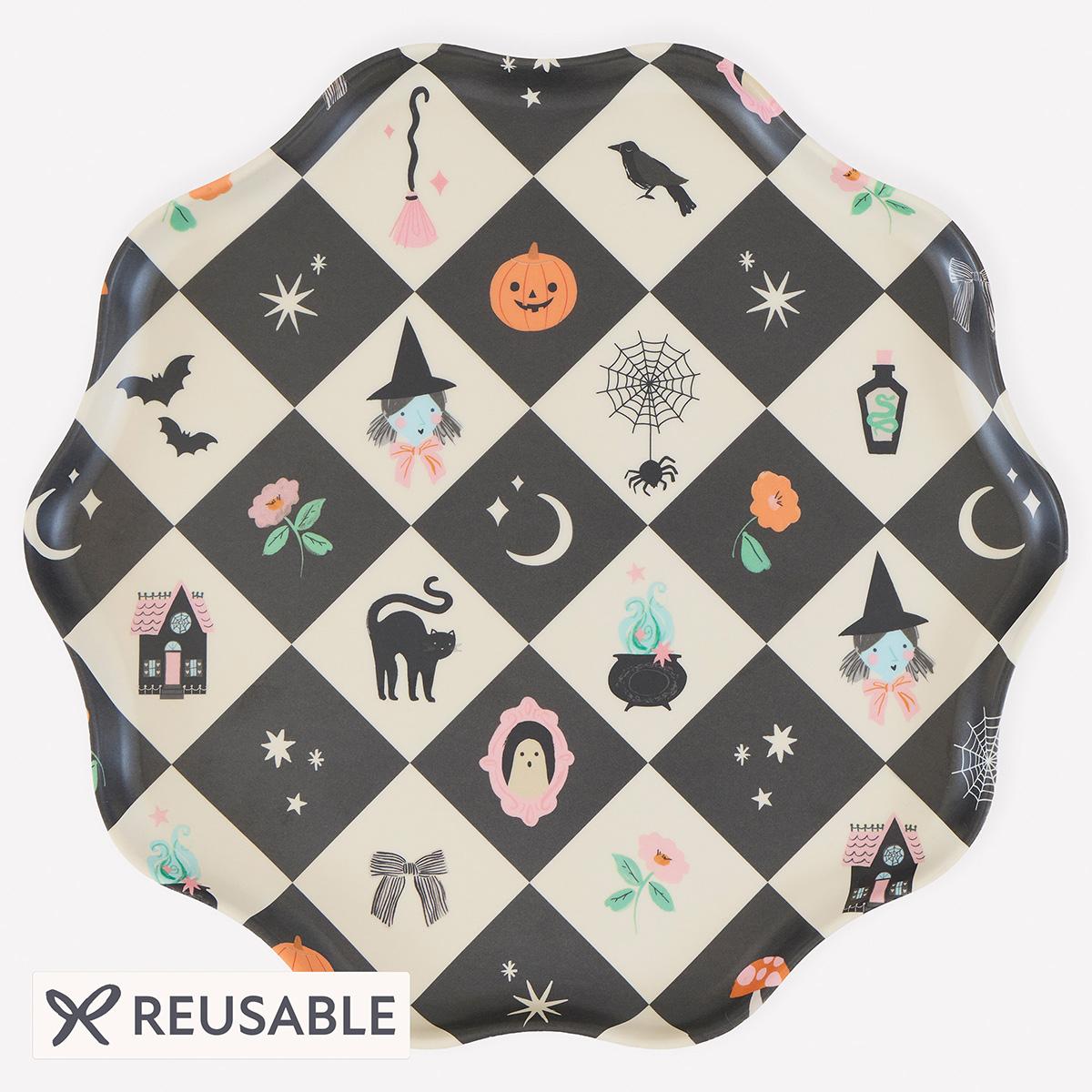 Patchwork Halloween Reusable Large Party Plates x 4 | Meri Meri party plates Patchwork Halloween Reusable Large Party Plates x 4