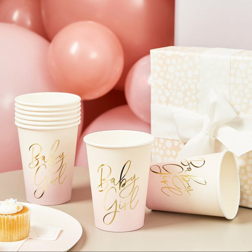 Pink 'Baby Girl' Paper Cups x 8 - Baby Shower Supplies Disposable Cups Pink 'Baby Girl' Paper Cups x 8