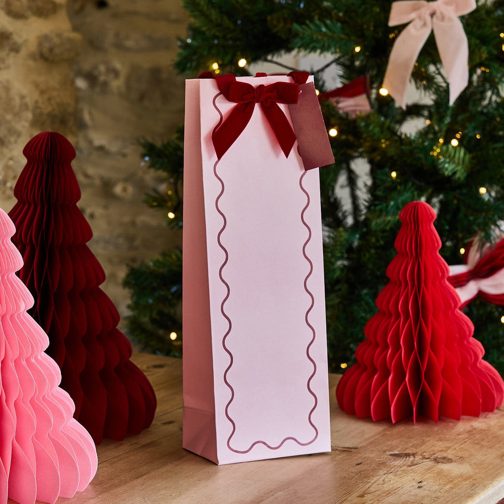 Pink & Red Velvet Bow Bottle Bag | Hootyballoo Christmas Bottle Gift Bag Gift Bags Pink & Red Velvet Bow Bottle Bag