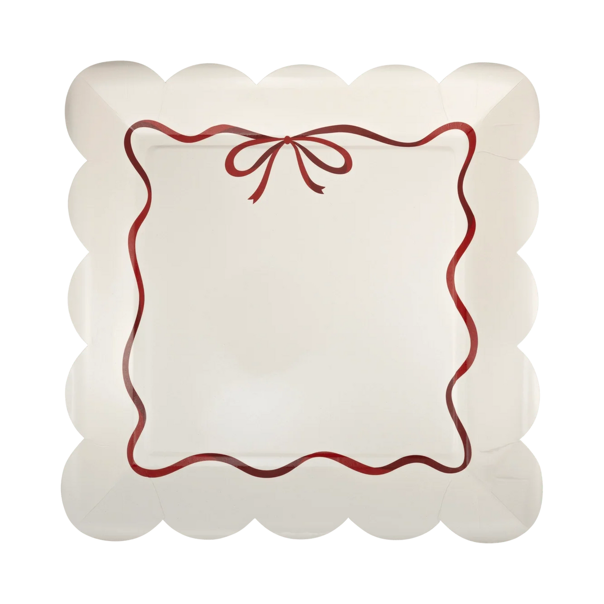 Red Bow Scallop Border Party Plates x 8 - Bow  Christmas Supplies Disposable Plates Red Bow Scallop Border Party Plates x 8