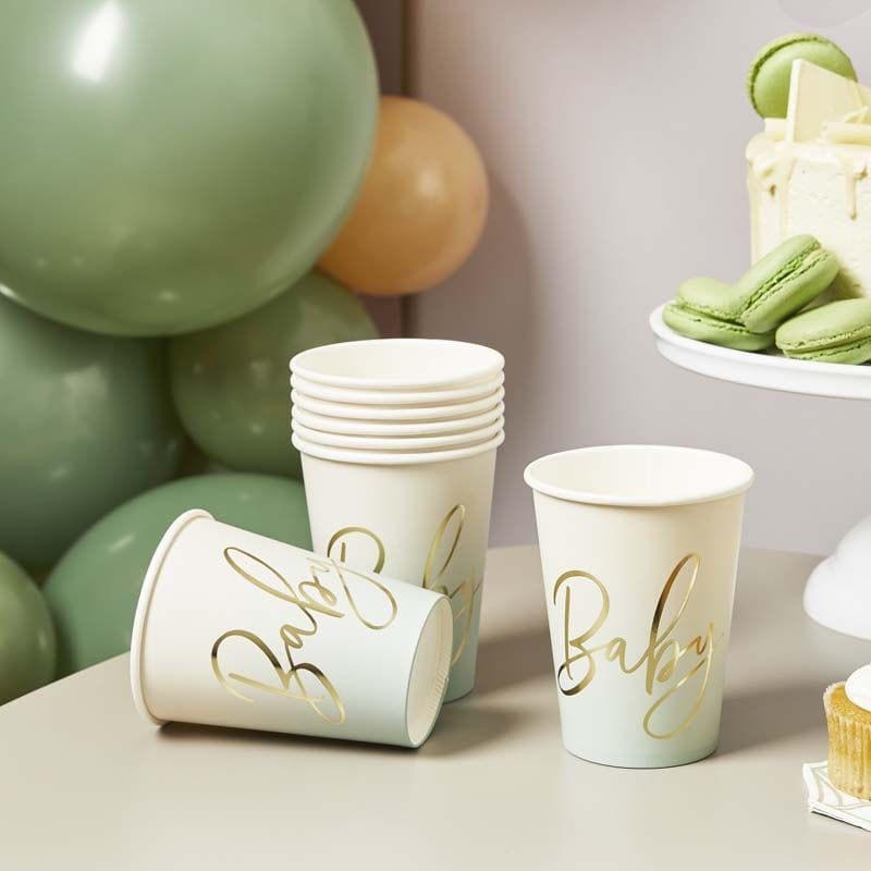 Sage Green Baby Shower Paper Cups x 8 - Eucalyptus Baby Shower Supplies Disposable Cups Sage Green Baby Shower Paper Cups x 8