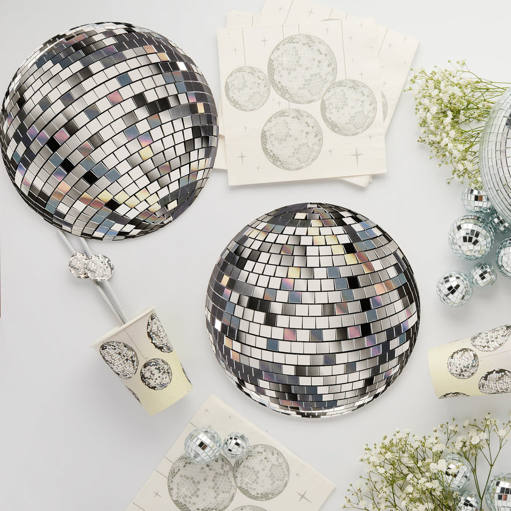 Silver Disco Ball Paper Plates (Set of 8) - Disco Party Supplies Disposable Plates Silver Disco Ball Paper Plates (Set of 8)