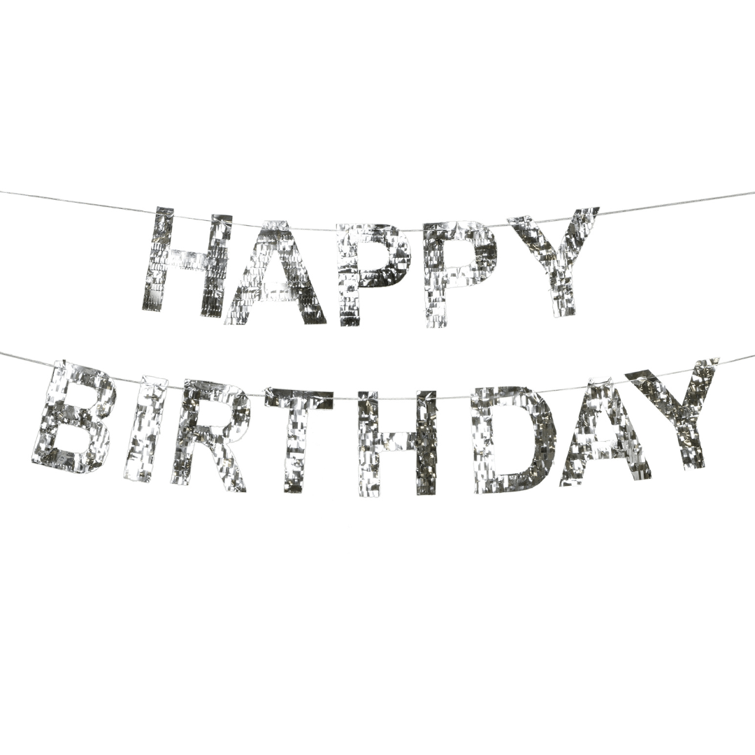 Silver Foil Happy Birthday Banner - Silver Party Supplies Bunting Happy Birthday Banner - Silver Foil