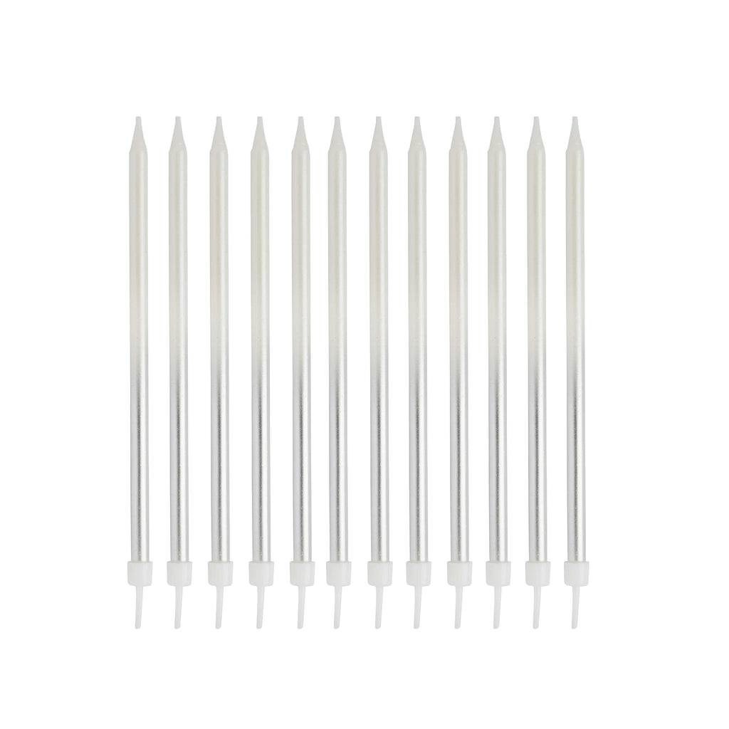 Silver Ombre Tall Skinny Candles - Pack of 12 - Silver Party Supplies Birthday Candles Silver Ombre Tall Skinny Candles - Pack of 12