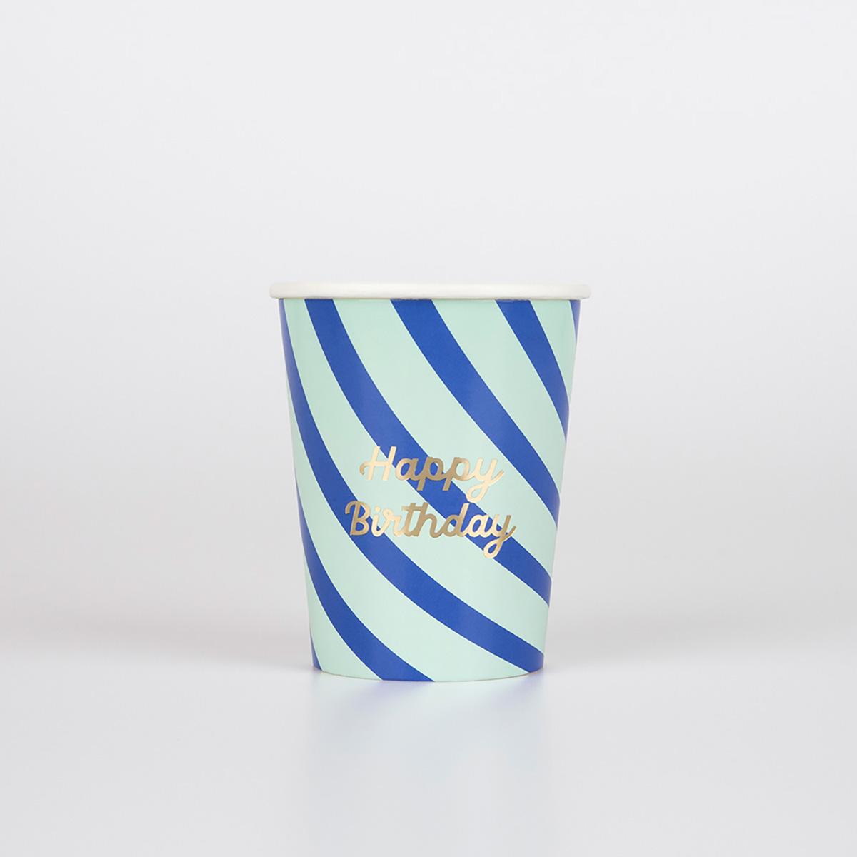 Stripe Happy Birthday Party Cups x 8 | Meri Meri Happy Birthday party cups Stripe Happy Birthday Party Cups x 8