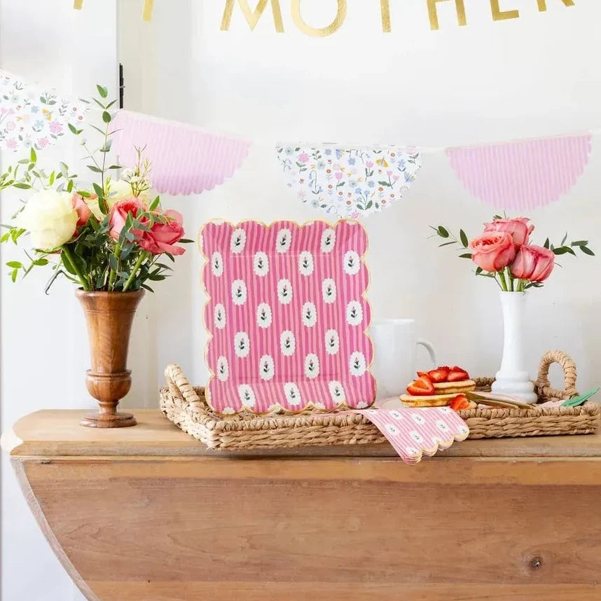 Striped Floral Pink Party Plates x 8 Disposable Plates Striped Floral Pink Party Plates x 8
