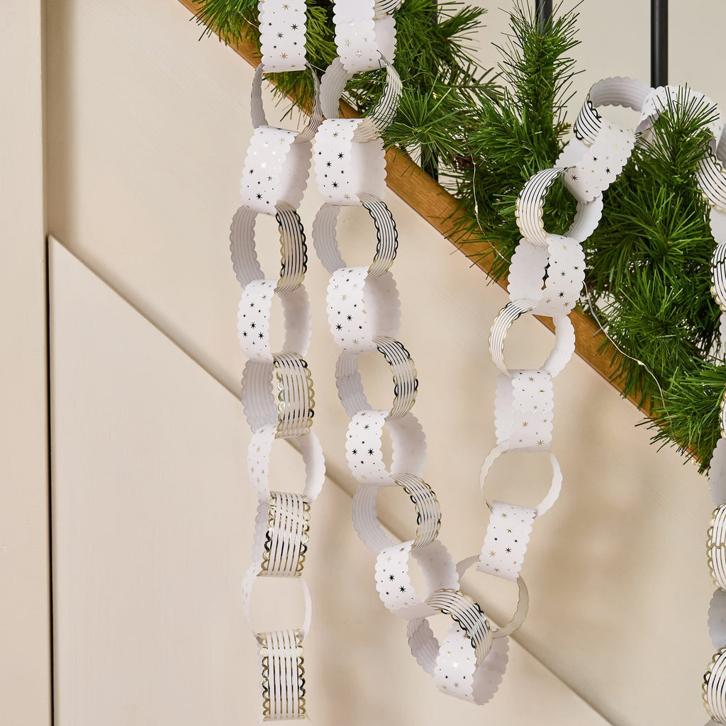 White & Gold Scallop Edge Paper Chains x 48 | Hootyballoo Christmas Bunting White & Gold Scallop Edge Paper Chains x 48