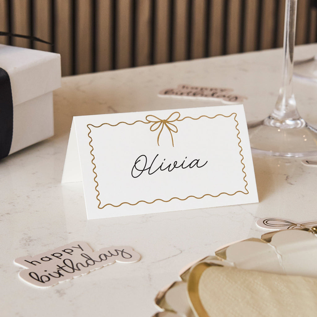 White & Gold Wavy Edge Bow Place Cards x 8 place cards White & Gold Wavy Edge Bow Place Cards x 8