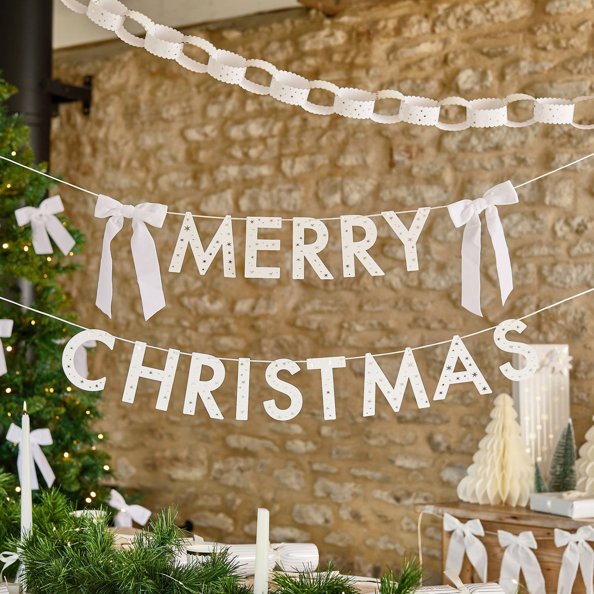White Merry Christmas Banner With Velvet Bows - 2m | Hootyballoo Bunting White Merry Christmas Banner With Velvet Bows - 2m